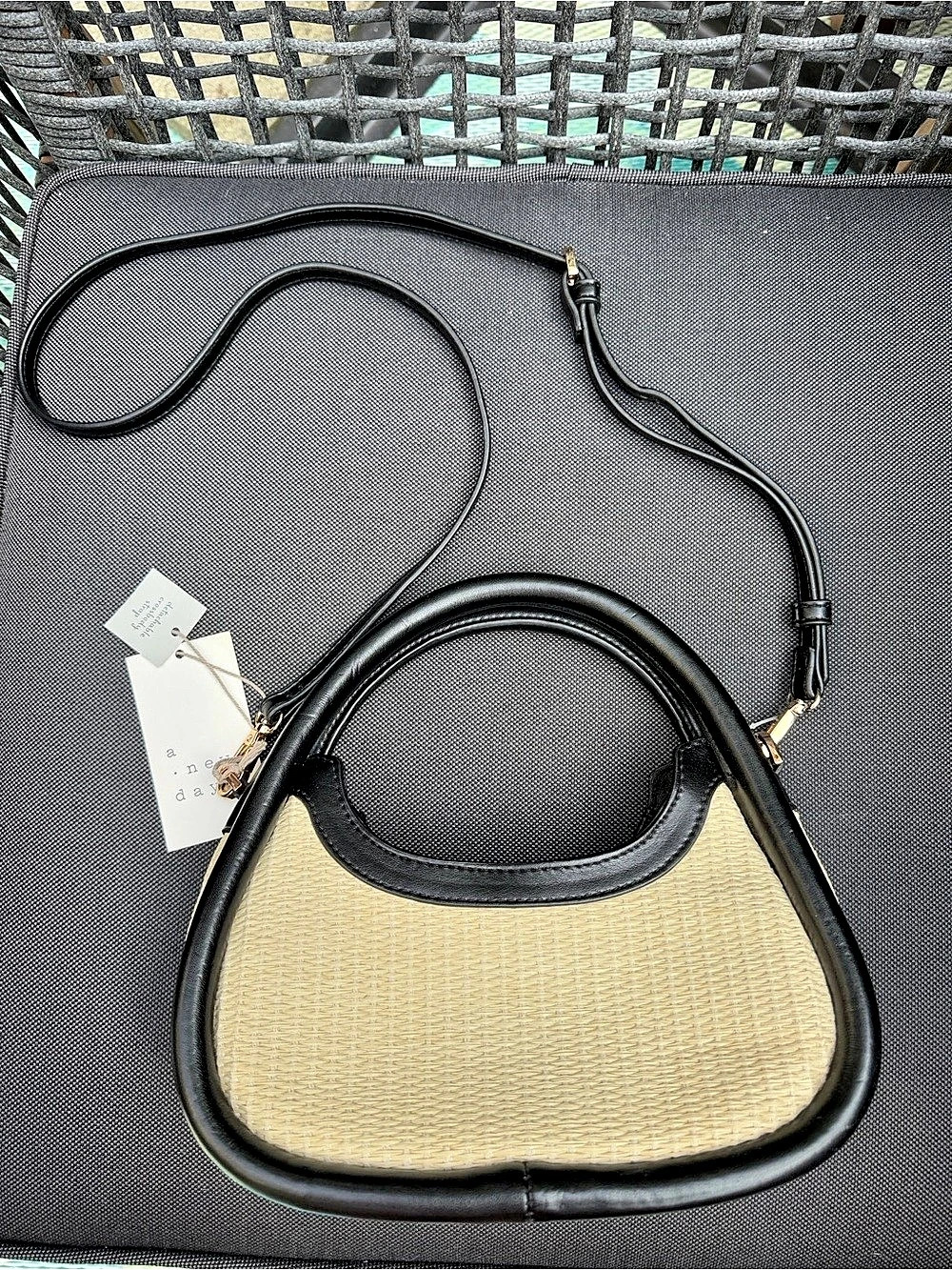 A New Day Handheld Crescent Straw Tote Handbag Black & Cream Crossbody Shoulder